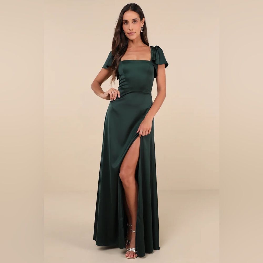 Lulus Ultimate Sweetness Emerald Green Satin Flutter Sleeve Maxi Dress